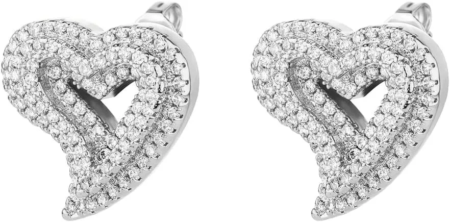 Heart Earrings Stud Earrings for Women White Gold Plated Trendy Cubic Zirconia Bling Jewelry Valentines Day Earrings Mothers Day Gifts Hip Hop Jewelry