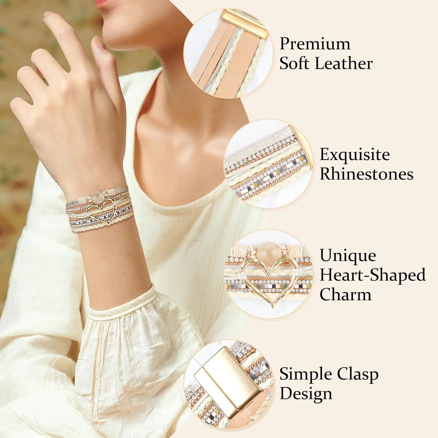 Heart Leather Wrap Bracelet for Women, Boho Cuff Bracelet with Strong Clasp, Rhinestone Multilayer Stackable Bracelet