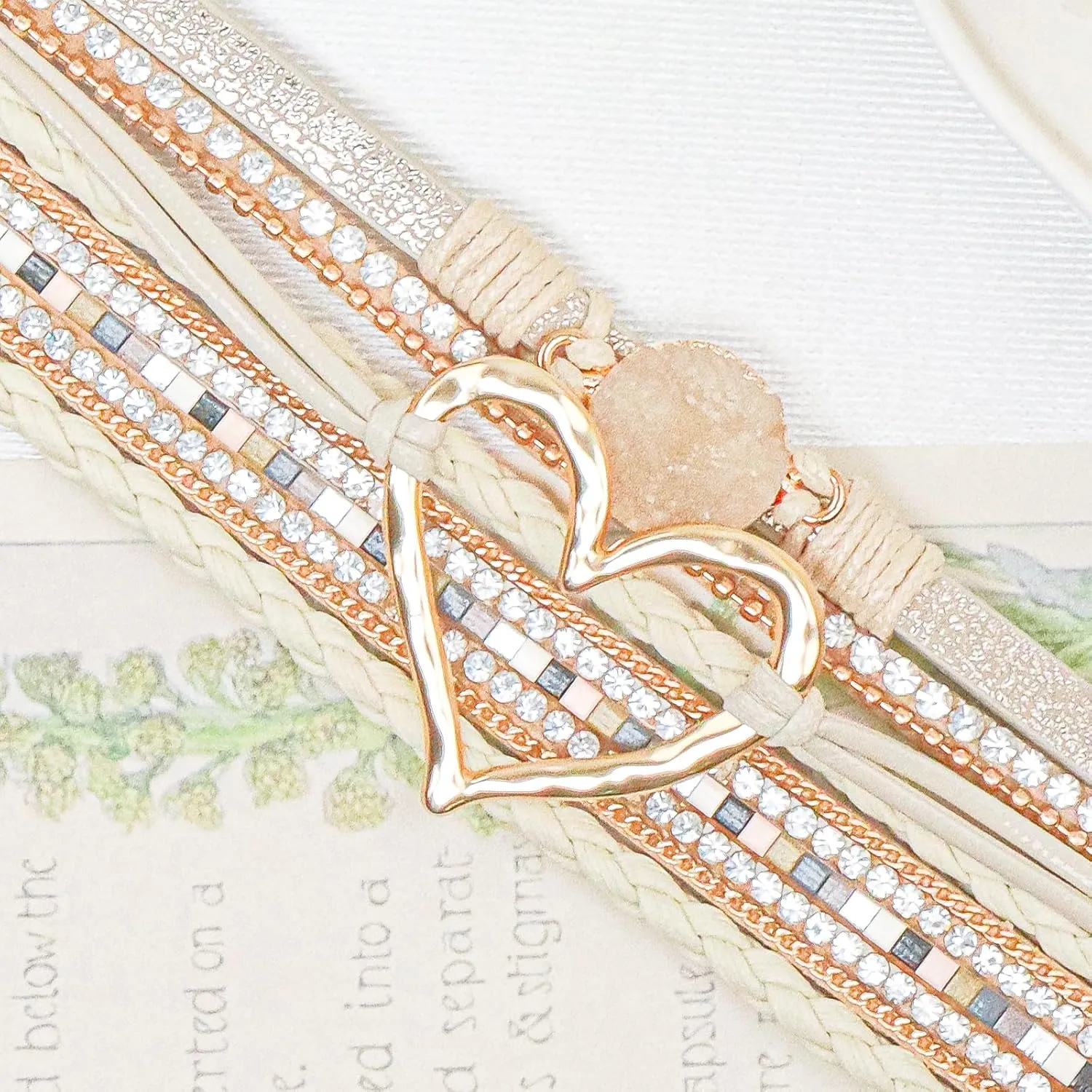 Heart Leather Wrap Bracelet for Women, Boho Cuff Bracelet with Strong Clasp, Rhinestone Multilayer Stackable Bracelet