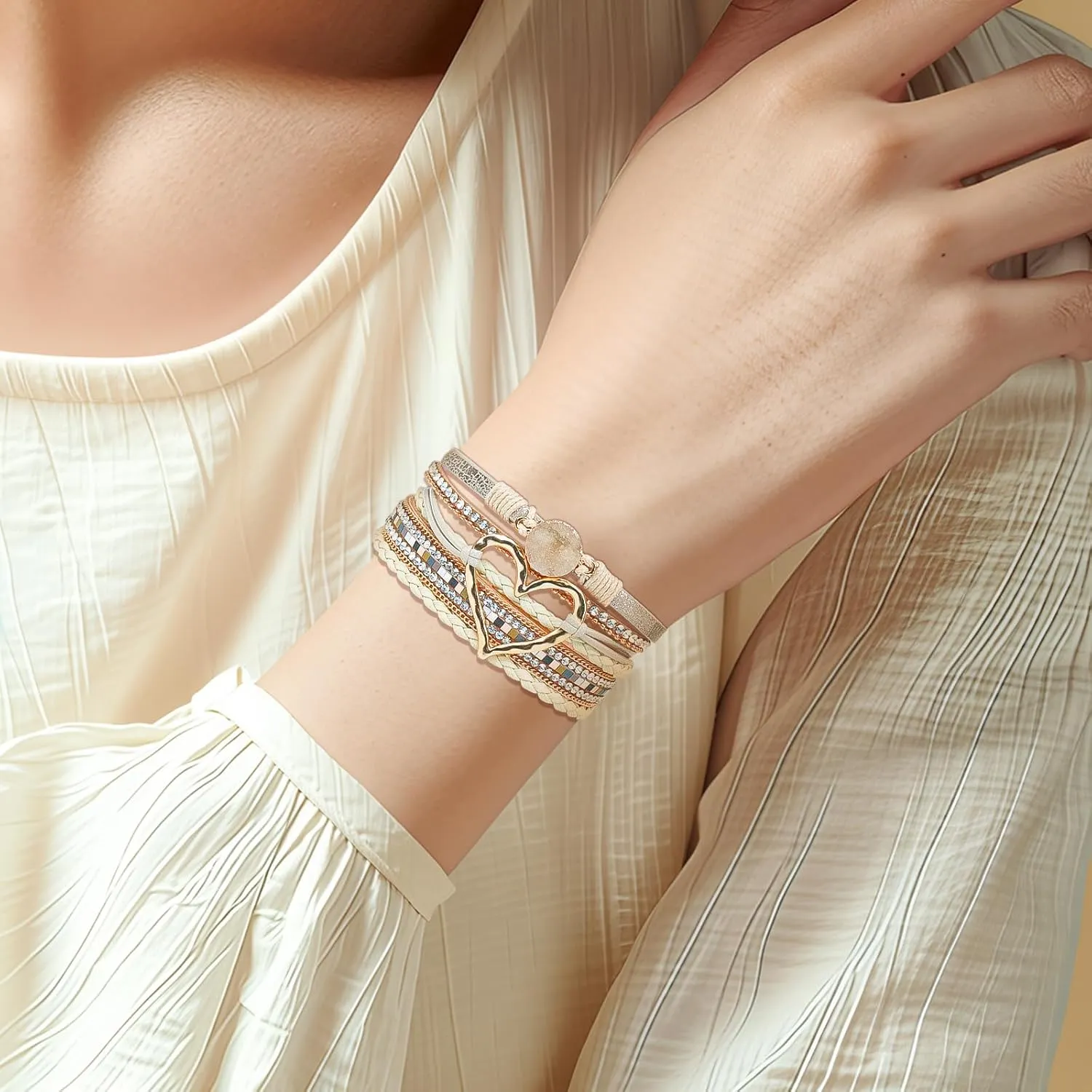 Heart Leather Wrap Bracelet for Women, Boho Cuff Bracelet with Strong Clasp, Rhinestone Multilayer Stackable Bracelet