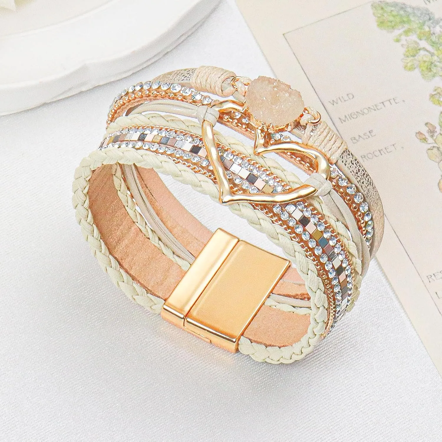 Heart Leather Wrap Bracelet for Women, Boho Cuff Bracelet with Strong Clasp, Rhinestone Multilayer Stackable Bracelet