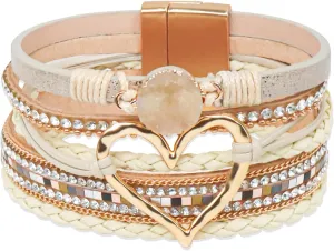 Heart Leather Wrap Bracelet for Women, Boho Cuff Bracelet with Strong Clasp, Rhinestone Multilayer Stackable Bracelet