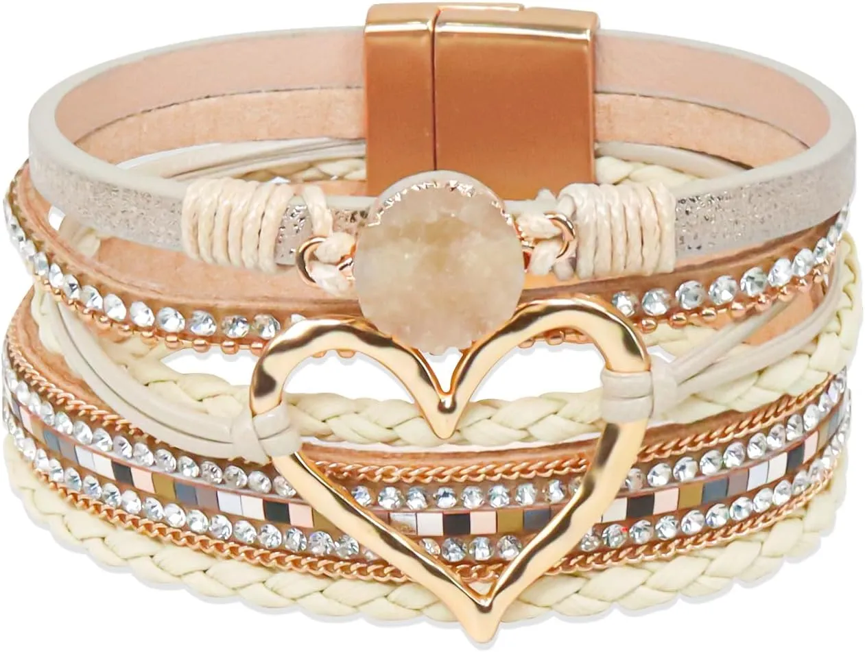 Heart Leather Wrap Bracelet for Women, Boho Cuff Bracelet with Strong Clasp, Rhinestone Multilayer Stackable Bracelet