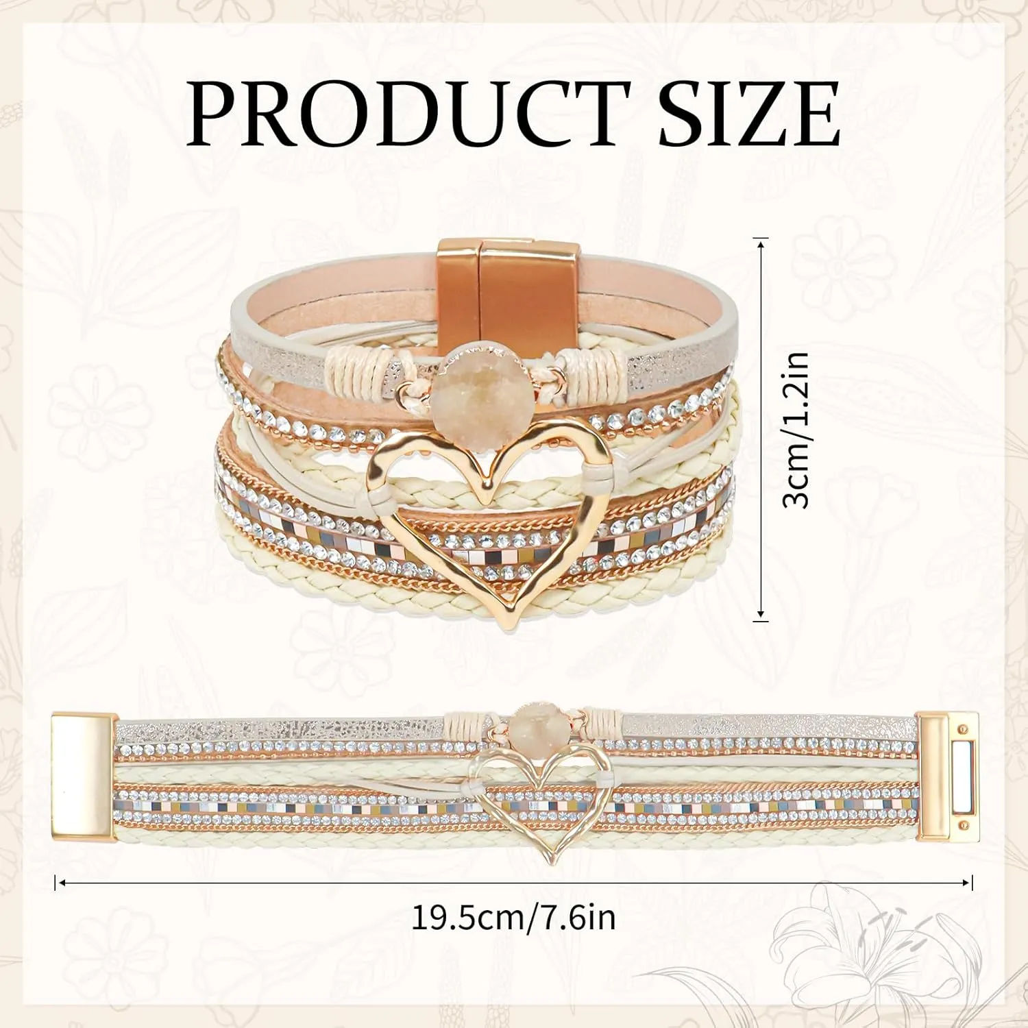 Heart Leather Wrap Bracelet for Women, Boho Cuff Bracelet with Strong Clasp, Rhinestone Multilayer Stackable Bracelet
