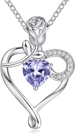 Heart Necklace Birthstone Necklaces for Women 925 Sterling Silver Jewelry Pendant Necklace Rose flower Mother Daughter Necklace for Mom Women Grandma Her Girlfriend