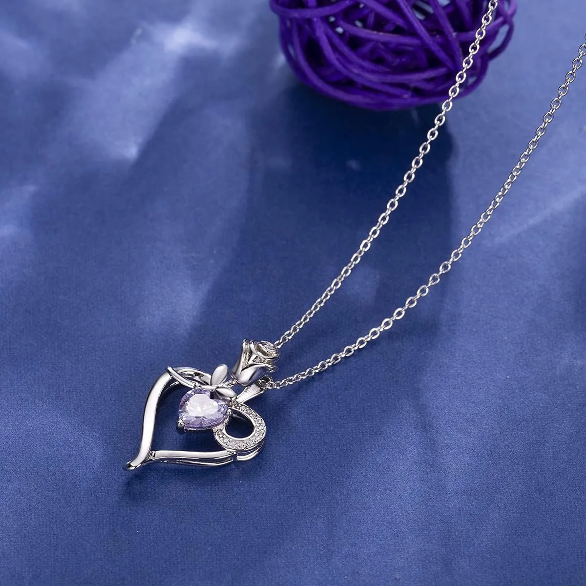 Heart Necklace Birthstone Necklaces for Women 925 Sterling Silver Jewelry Pendant Necklace Rose flower Mother Daughter Necklace for Mom Women Grandma Her Girlfriend