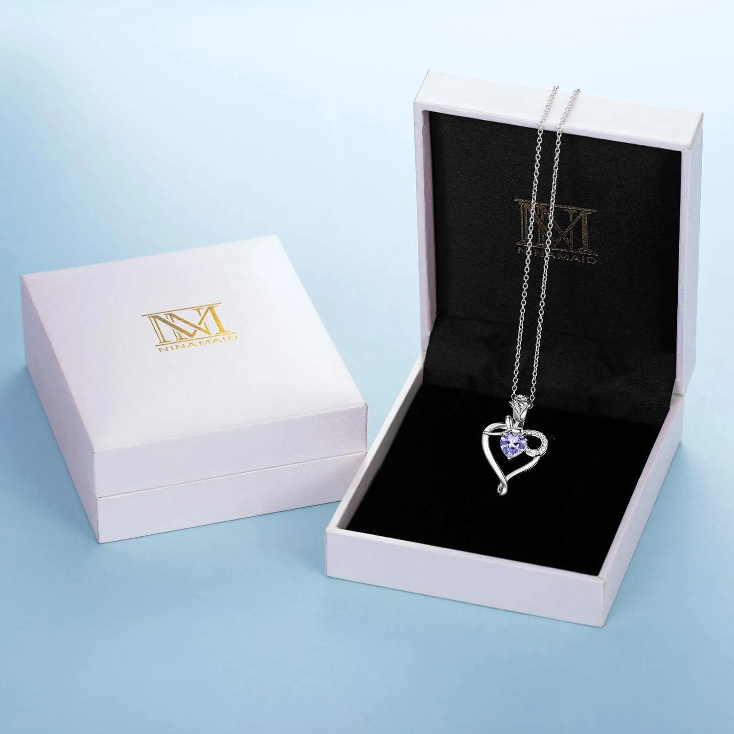Heart Necklace Birthstone Necklaces for Women 925 Sterling Silver Jewelry Pendant Necklace Rose flower Mother Daughter Necklace for Mom Women Grandma Her Girlfriend