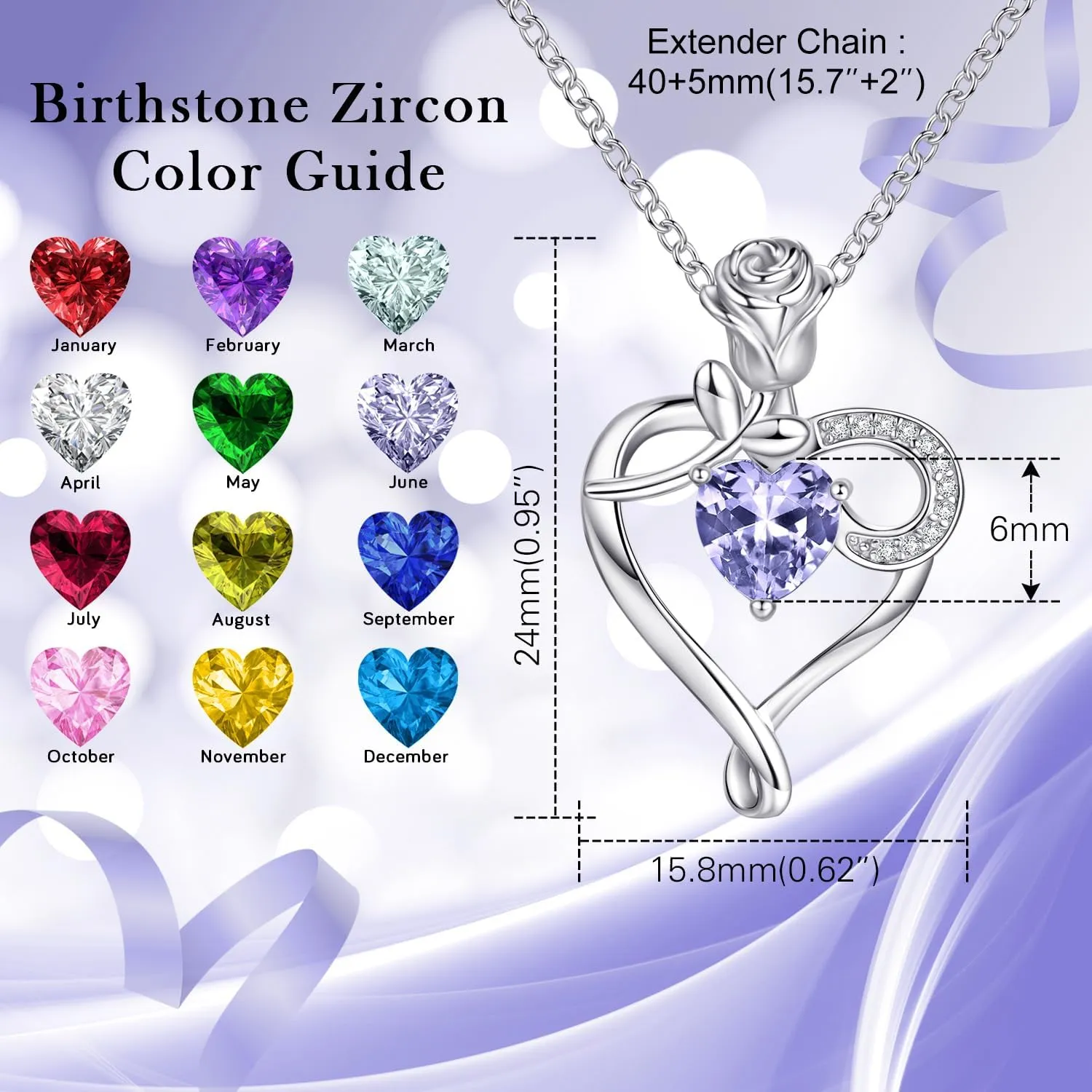 Heart Necklace Birthstone Necklaces for Women 925 Sterling Silver Jewelry Pendant Necklace Rose flower Mother Daughter Necklace for Mom Women Grandma Her Girlfriend