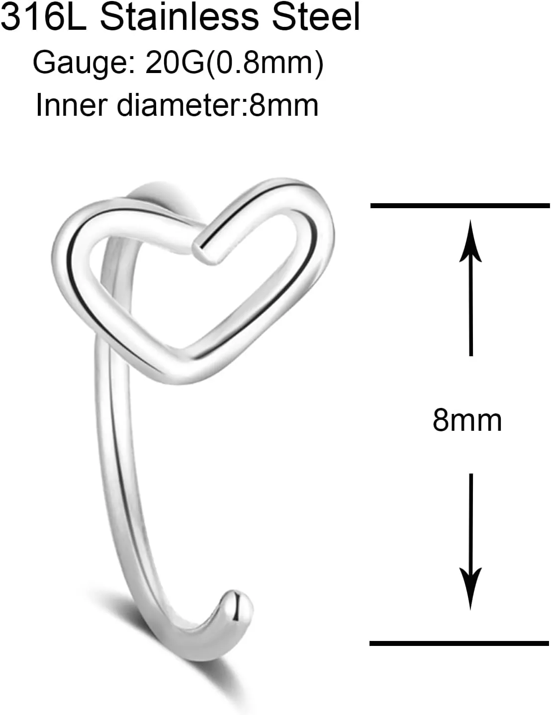 Heart Nose Ring Hoop 316L Surgical Steel Nose Hoop For Women Men 20g Nostril Hoop Piercing Jewelry