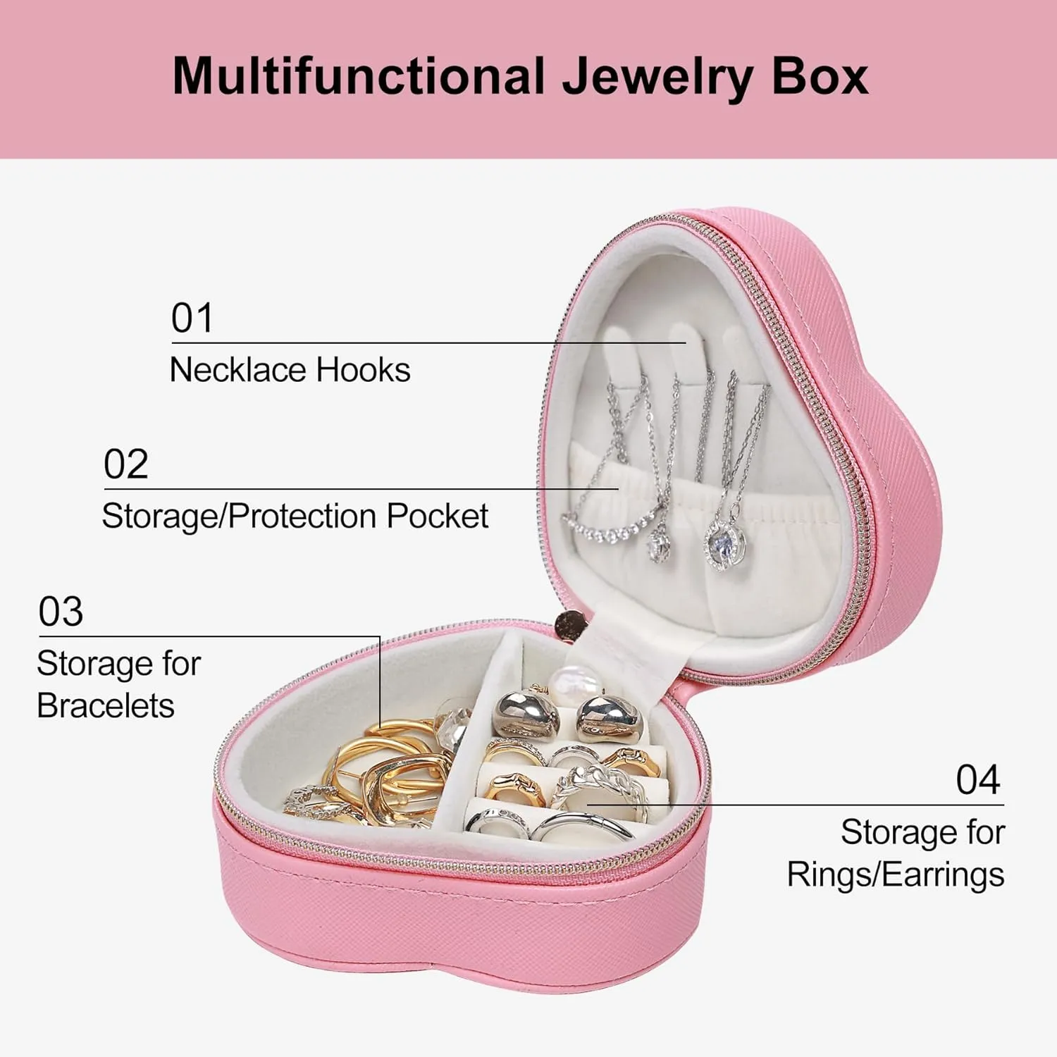 Heart-Shaped Small Jewelry Box Travel Jewelry Case Girls Mini Box for Rings Earrings Necklaces Organizing Portable PU Leather Jewerly Organizer for Women, Pink