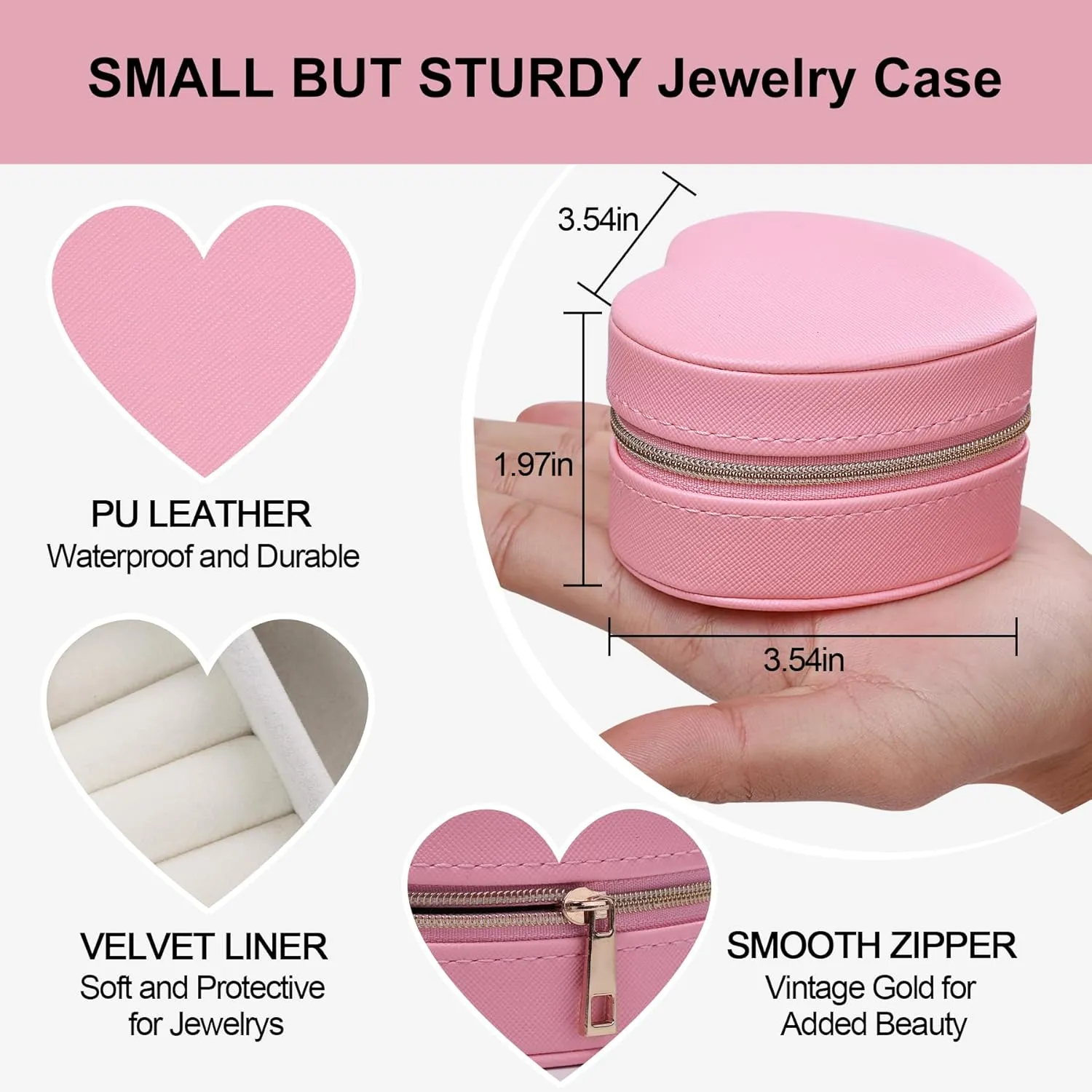 Heart-Shaped Small Jewelry Box Travel Jewelry Case Girls Mini Box for Rings Earrings Necklaces Organizing Portable PU Leather Jewerly Organizer for Women, Pink