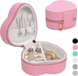 Heart-Shaped Small Jewelry Box Travel Jewelry Case Girls Mini Box for Rings Earrings Necklaces Organizing Portable PU Leather Jewerly Organizer for Women, Pink