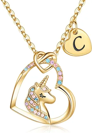 Hidepoo Unicorn Necklace Graduation Gifts for Girls Dauther - Colorful CZ Heart Pendant Initial Unicorn Necklaces for Girl Teens Little Girls Jewelry Birthday Gift