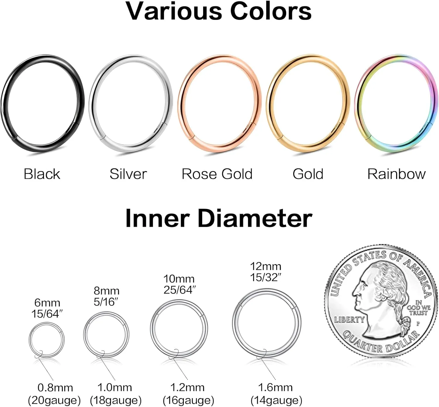 Hinged Nose Rings Hoop Surgical Steel 20G 18G 16G, Diameter 6mm to 12mm, Color Gold Rose Gold Silver Black Rainbow