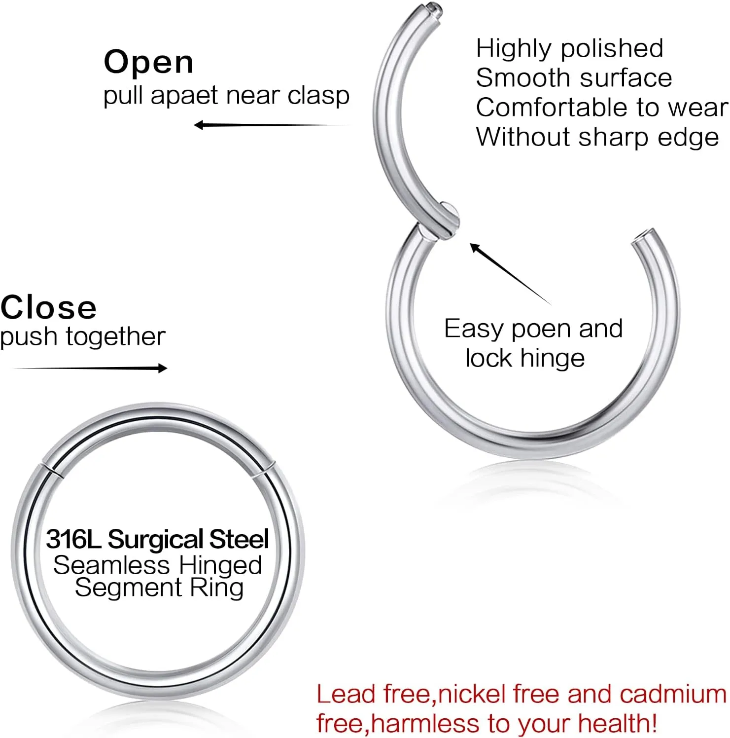 Hinged Nose Rings Hoop Surgical Steel 20G 18G 16G, Diameter 6mm to 12mm, Color Gold Rose Gold Silver Black Rainbow