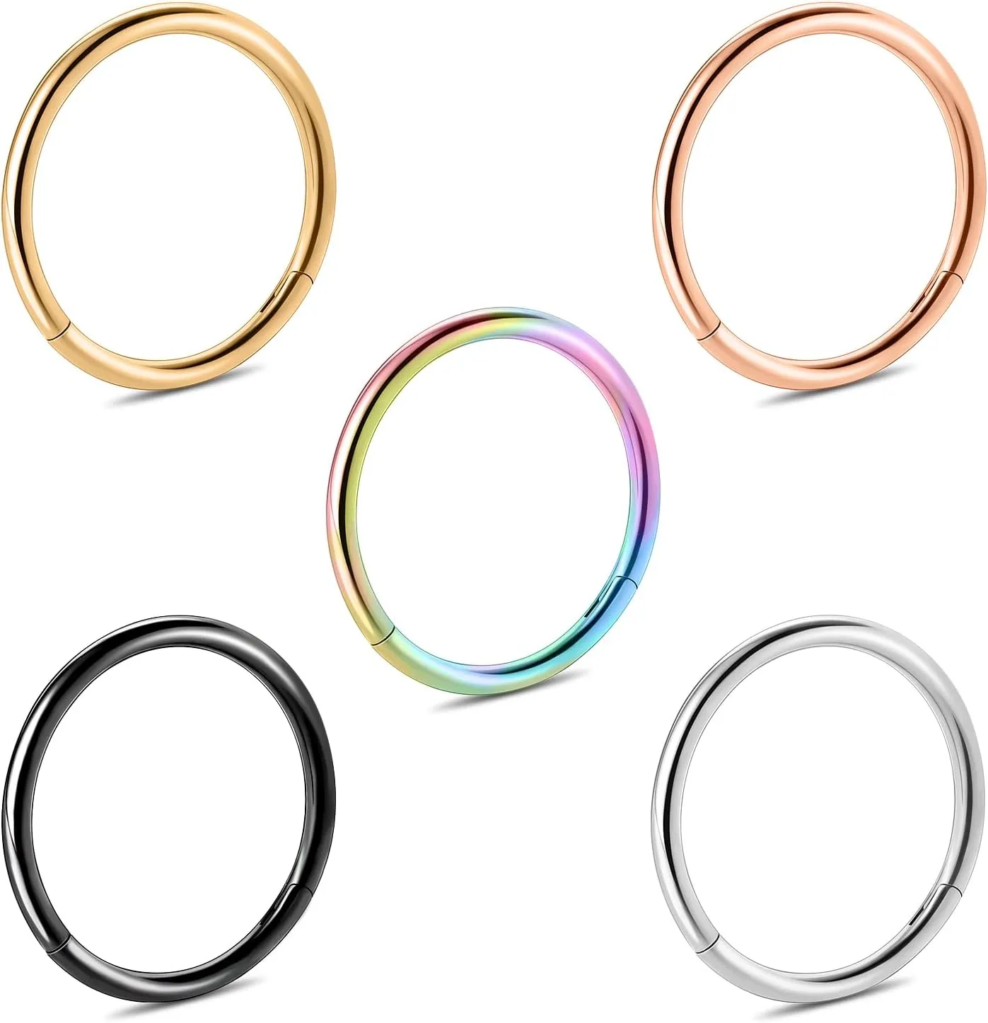 Hinged Nose Rings Hoop Surgical Steel 20G 18G 16G, Diameter 6mm to 12mm, Color Gold Rose Gold Silver Black Rainbow