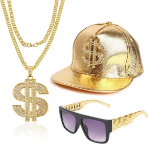 Hip Hop Costume Kit Gold Rapper Hat Sunglasses Gold Dollar Sign Pendant Necklaces 80s/90s Rapper Accessories