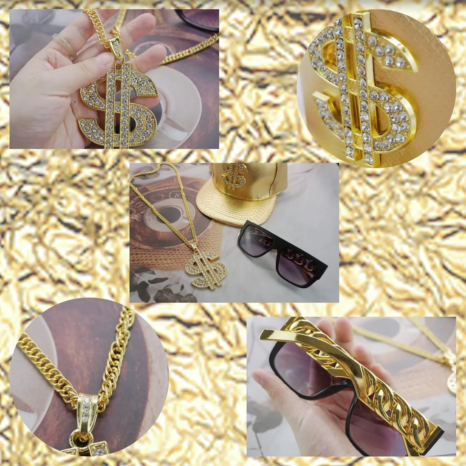 Hip Hop Costume Kit Gold Rapper Hat Sunglasses Gold Dollar Sign Pendant Necklaces 80s/90s Rapper Accessories