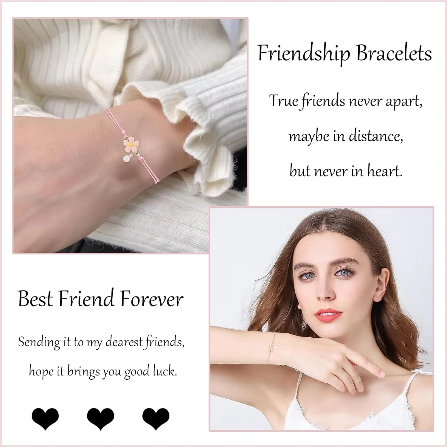 HOHOTANG Best Friend Bracelets for 3, Friendship Bff Matching Heart Bracelet for Women, Trio Bracelets Adjustable Birthday Jewelry Gifts for Best Friends