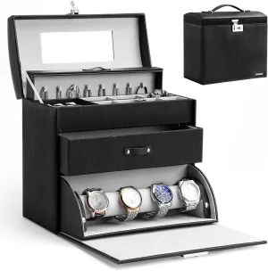 Homde Jewelry Display Box for Men Women Necklace Sunglasses Fully Locking with Watch Hanger Bracelet Holder Mirror