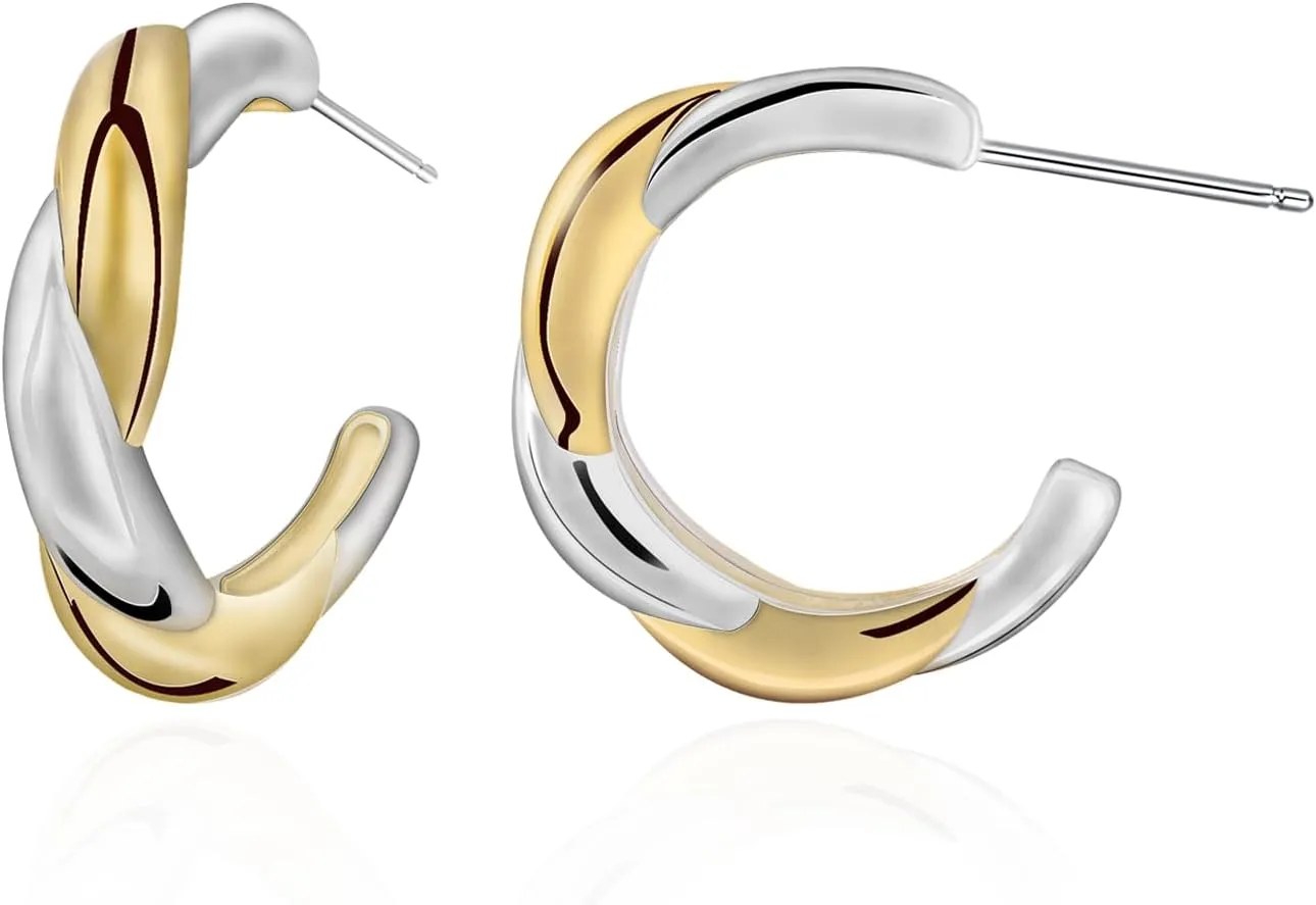 Hypoallergenic Mixed Metal Hoop Earrings with 925 Sterling Silver Post, Gold and Silver, Trendy and Safe for Sensitive Skin