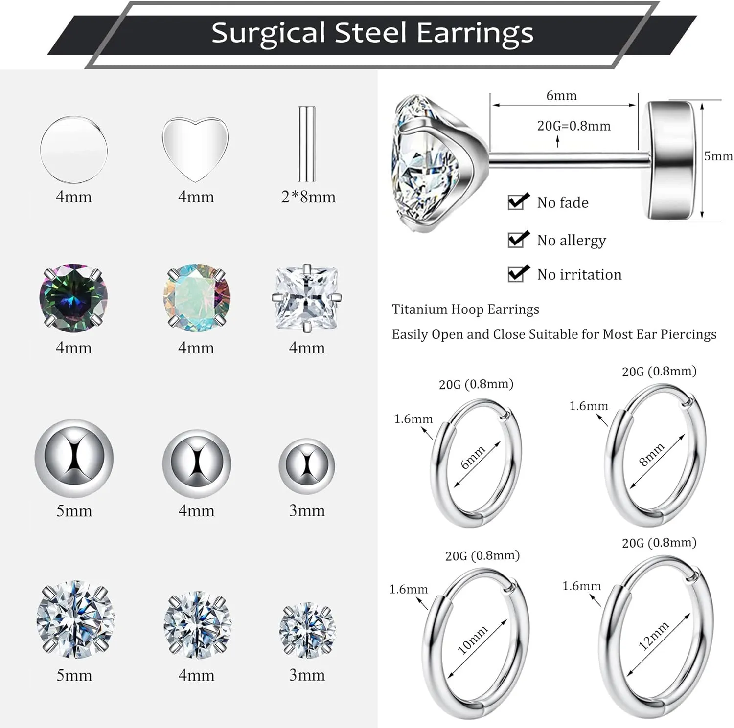 Hypoallergenic Surgical Steel Earrings for Sensitive Ears 14K Gold Stainless Steel Flat Back Earrings for Women Men Small Titanium Earring Flatback Stud Hoop Cartilage Earring Set for Multiple Piercing
