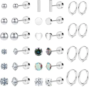 Hypoallergenic Surgical Steel Earrings for Sensitive Ears 14K Gold Stainless Steel Flat Back Earrings for Women Men Small Titanium Earring Flatback Stud Hoop Cartilage Earring Set for Multiple Piercing