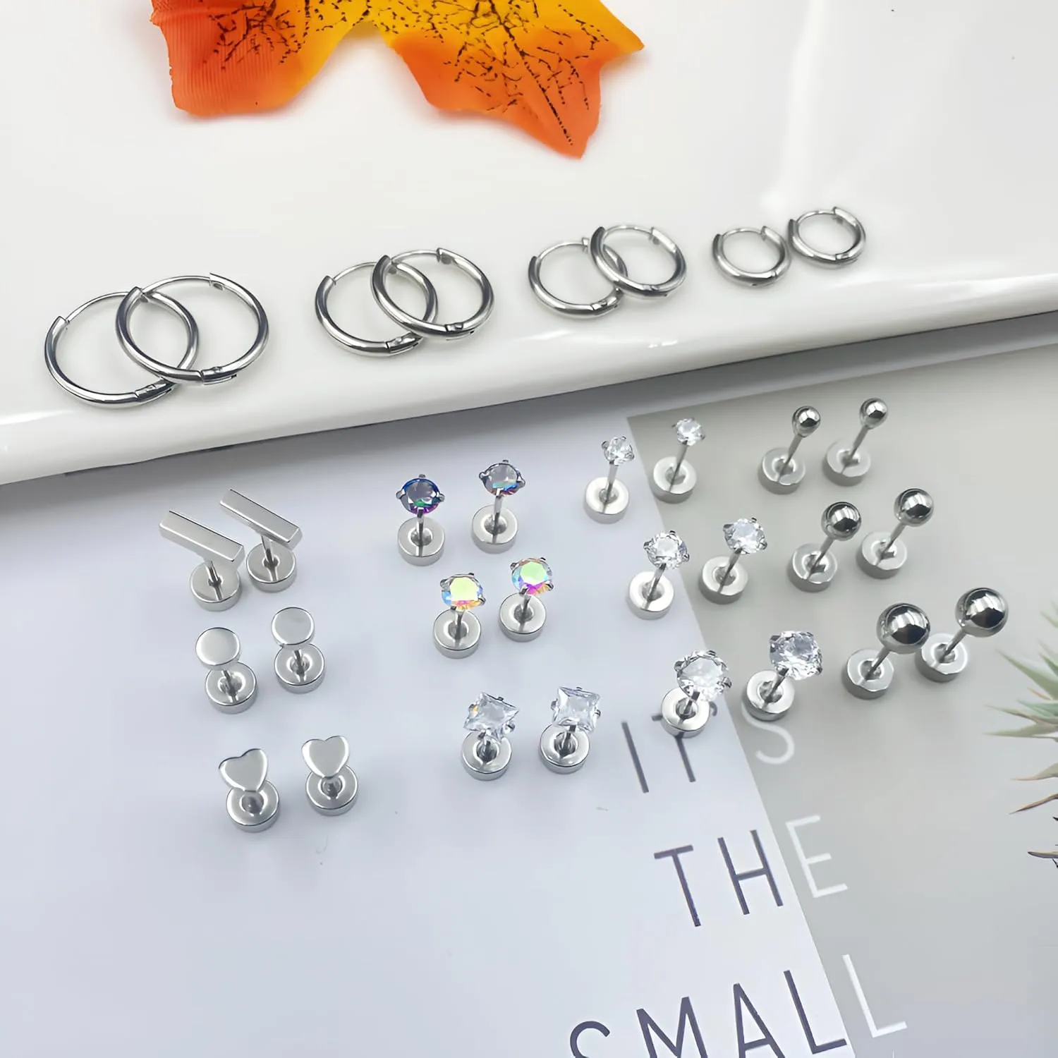 Hypoallergenic Surgical Steel Earrings for Sensitive Ears 14K Gold Stainless Steel Flat Back Earrings for Women Men Small Titanium Earring Flatback Stud Hoop Cartilage Earring Set for Multiple Piercing