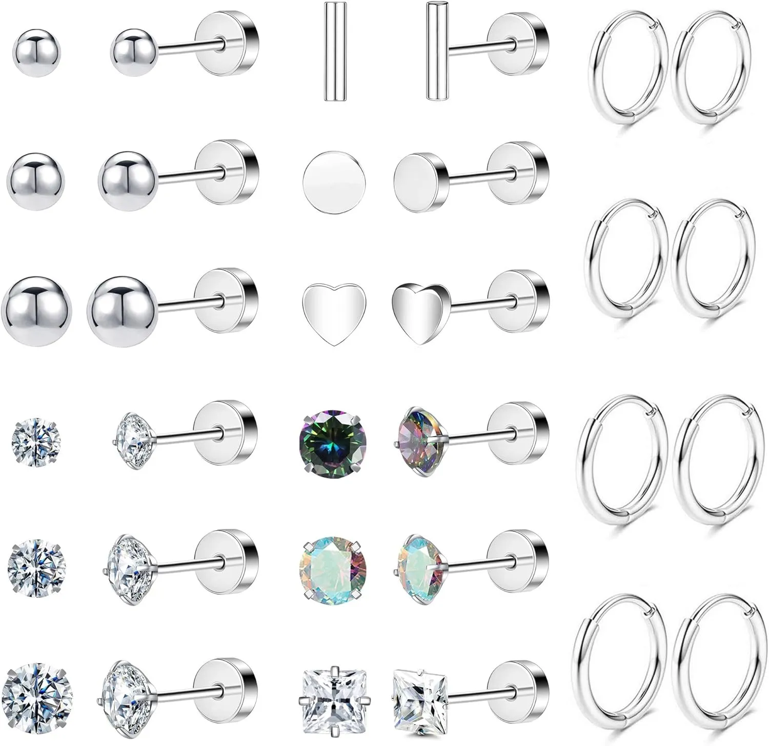 Hypoallergenic Surgical Steel Earrings for Sensitive Ears 14K Gold Stainless Steel Flat Back Earrings for Women Men Small Titanium Earring Flatback Stud Hoop Cartilage Earring Set for Multiple Piercing