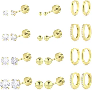 Hypoallergenic Surgical Steel Earrings for Women Men Sensitive Ears Dainty 14K Gold Stainless Steel Earrings Flat Back Gold Small Stud Hoop Cartilage Earring Set for Multiple Piercing