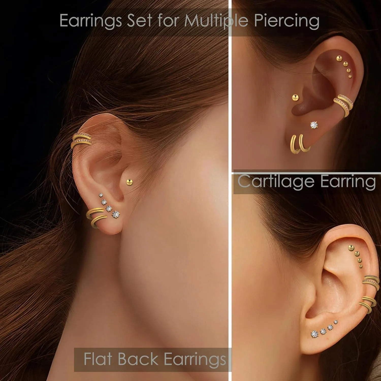 Hypoallergenic Surgical Steel Earrings for Women Men Sensitive Ears Dainty 14K Gold Stainless Steel Earrings Flat Back Gold Small Stud Hoop Cartilage Earring Set for Multiple Piercing