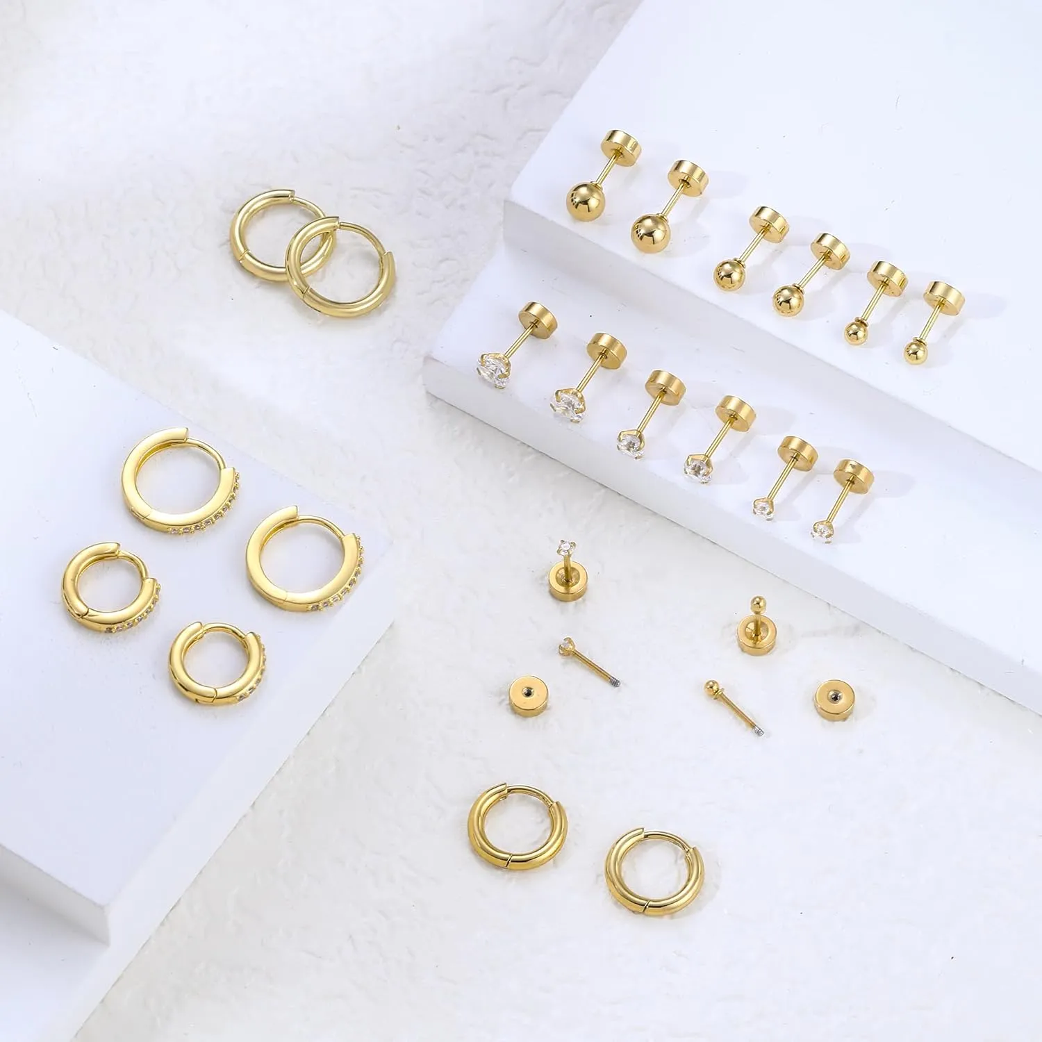 Hypoallergenic Surgical Steel Earrings for Women Men Sensitive Ears Dainty 14K Gold Stainless Steel Earrings Flat Back Gold Small Stud Hoop Cartilage Earring Set for Multiple Piercing