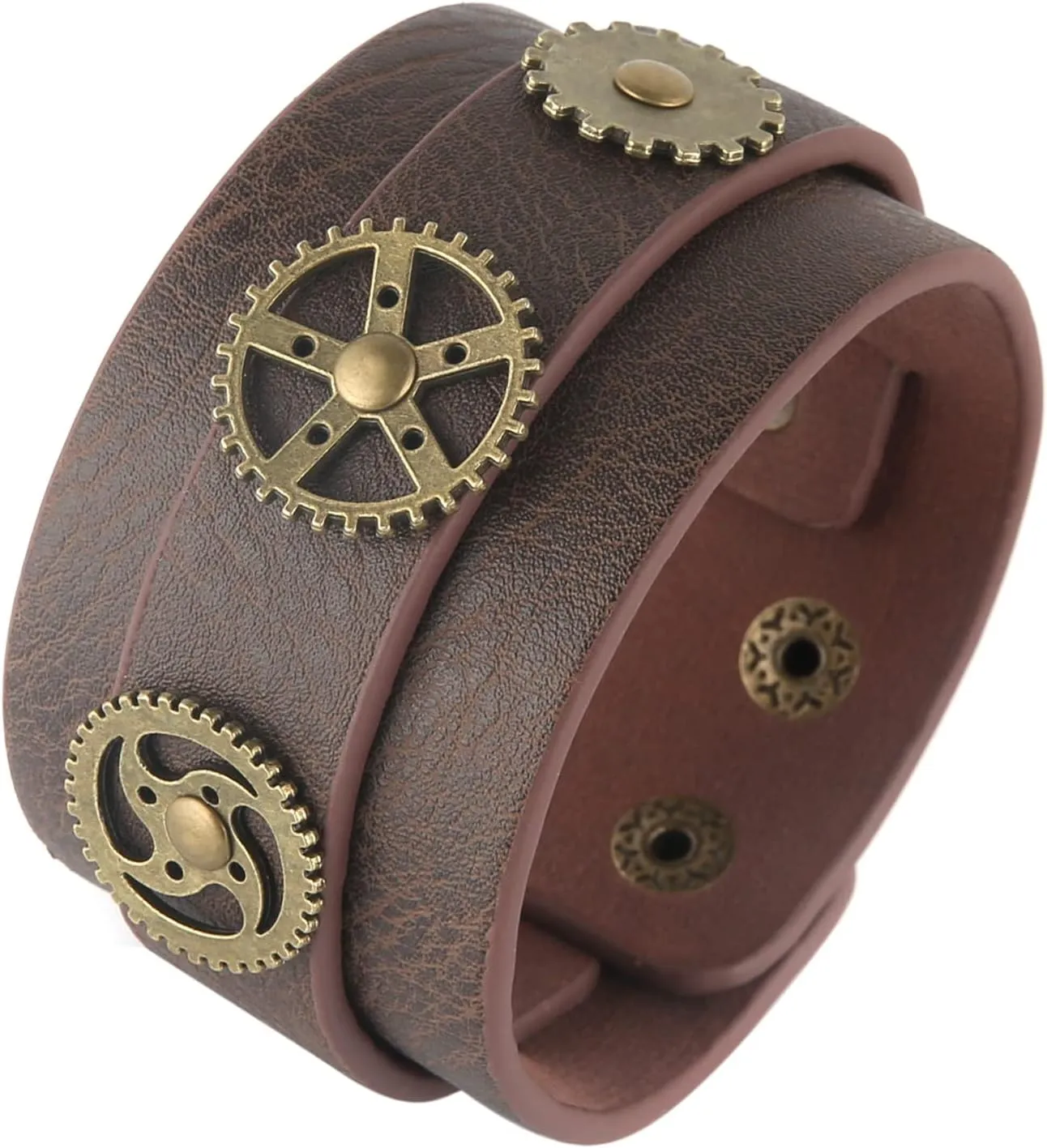HZMAN Steampunk Alloy Gear Leather Wristbands for Men Women Bracelets Cuff Bangle Jewelry Brown Adjustable