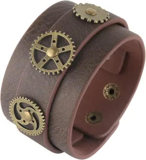 HZMAN Steampunk Alloy Gear Leather Wristbands for Men Women Bracelets Cuff Bangle Jewelry Brown Adjustable