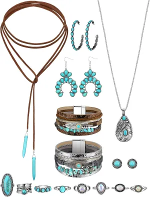 Inbagi 15 Pcs Bohemian Turquoise Jewelry Set for Women Western Necklace Leather Bracelet Dangle Earrings