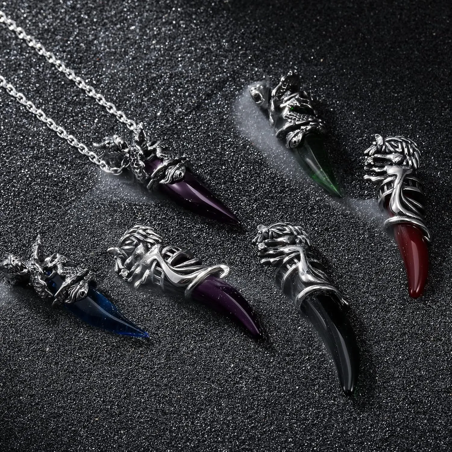 INBLUE Dragon Wolf Tooth Pendant for Men Women Stainless Steel Cool Necklaces Simulate Crystal Gemstone Boyfriend Gifts Jewelry with 23 Inches Chain