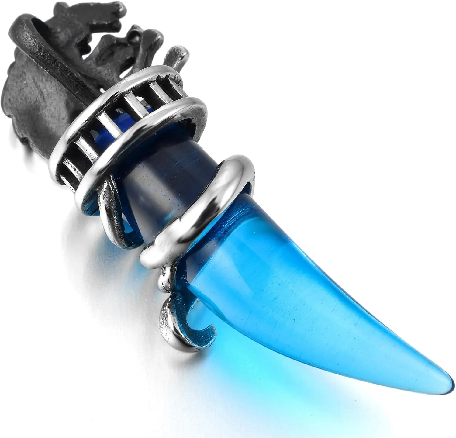 INBLUE Dragon Wolf Tooth Pendant for Men Women Stainless Steel Cool Necklaces Simulate Crystal Gemstone Boyfriend Gifts Jewelry with 23 Inches Chain