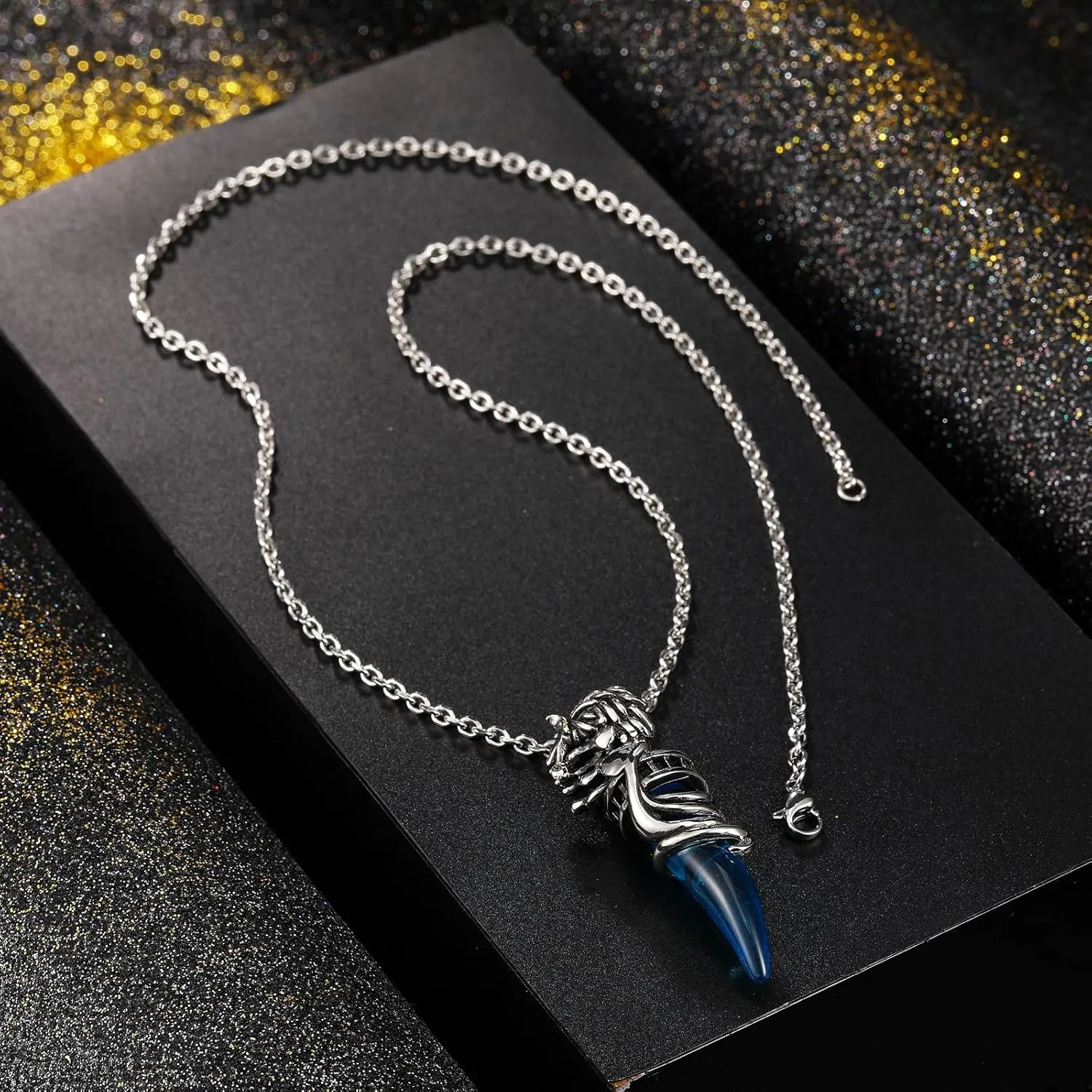 INBLUE Dragon Wolf Tooth Pendant for Men Women Stainless Steel Cool Necklaces Simulate Crystal Gemstone Boyfriend Gifts Jewelry with 23 Inches Chain