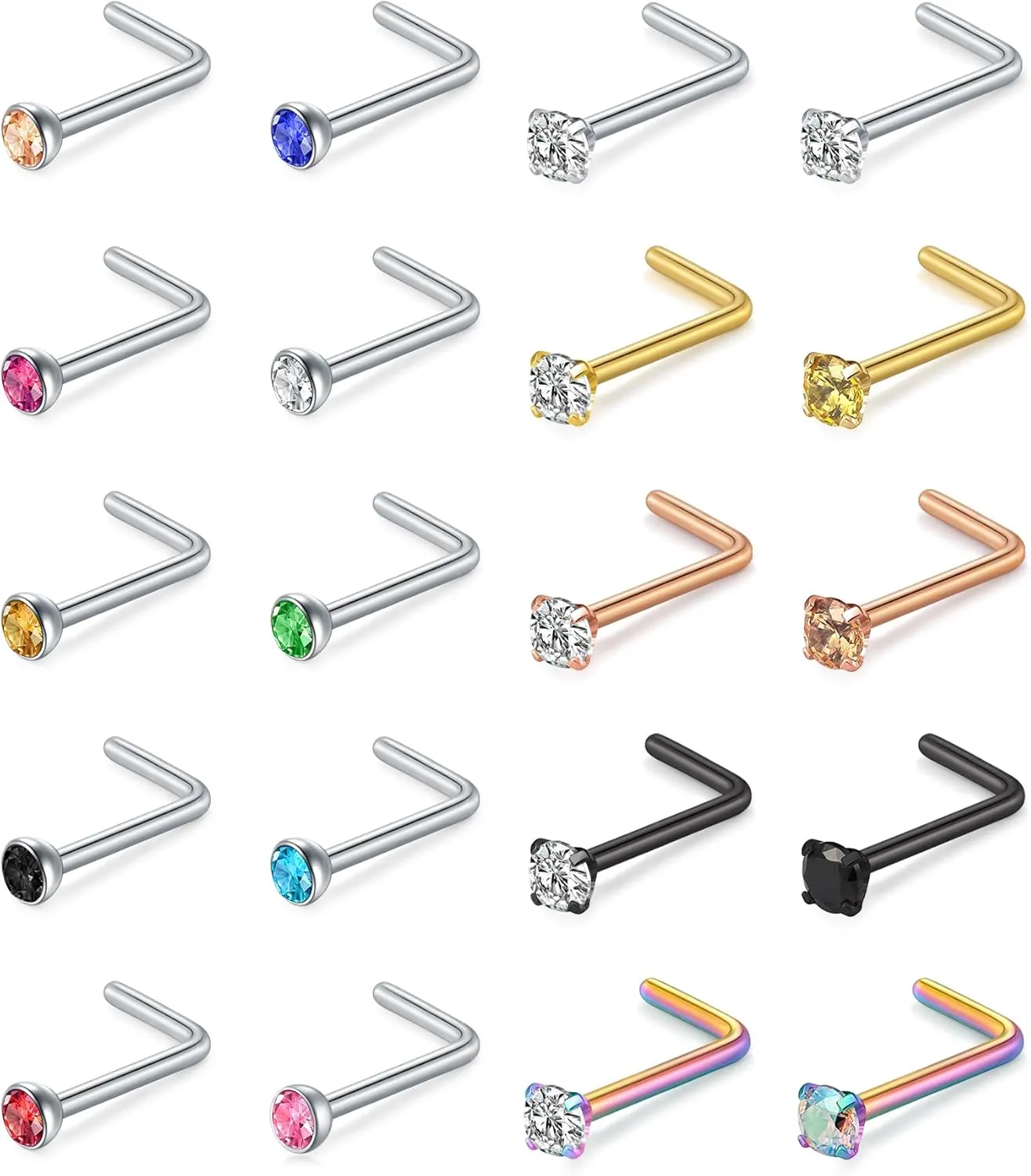 Incaton 24PCS 20G Nose Ring Stainless Steel Nose Rings Hoops L Shaped Screw Studs Rings CZ Butterfly Dangling Nose Ring for Women Men
