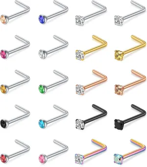 Incaton 24PCS 20G Nose Ring Stainless Steel Nose Rings Hoops L Shaped Screw Studs Rings CZ Butterfly Dangling Nose Ring for Women Men