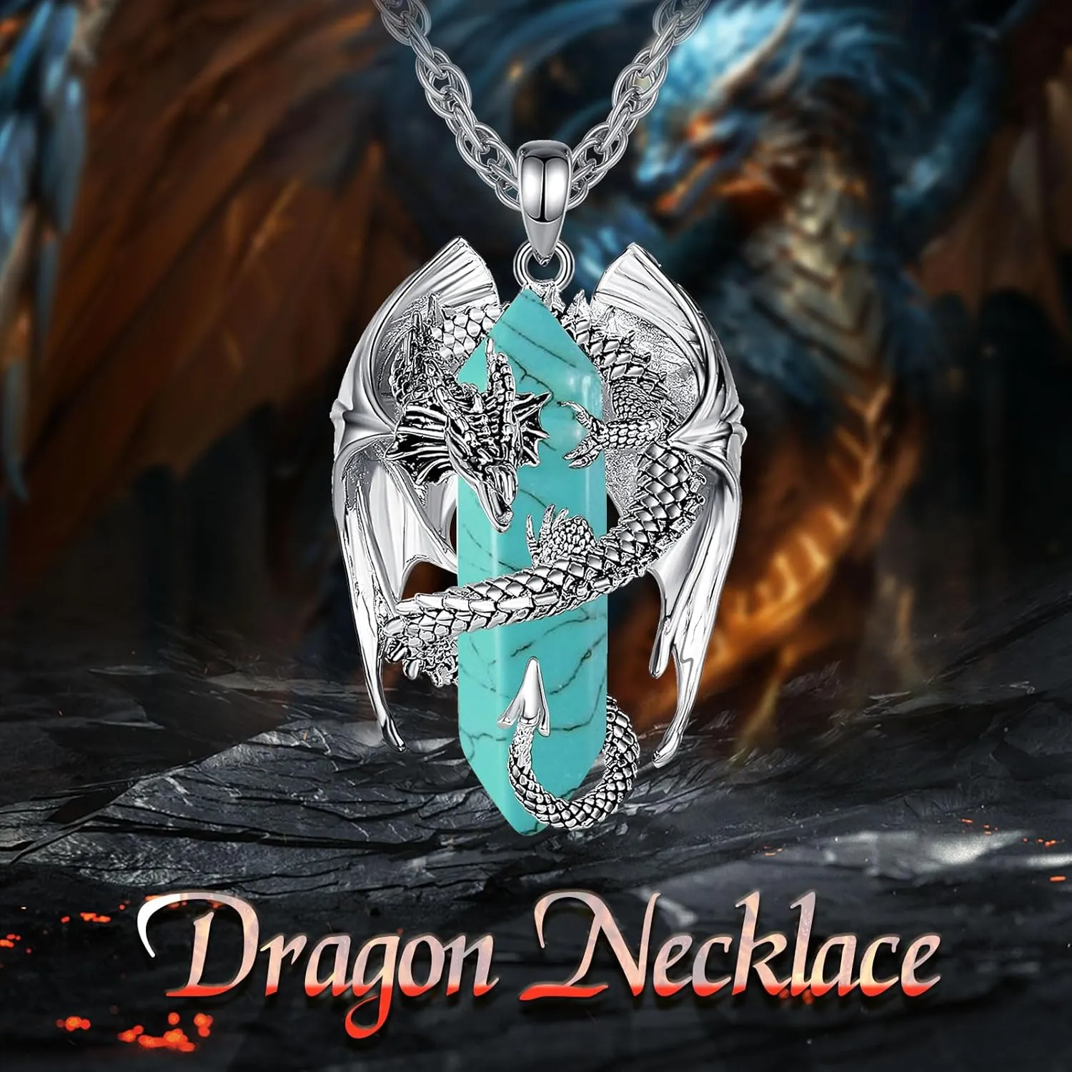 INFUSEU Dragon Necklaces with Healing Crystal Stone for Men Women, Unique Personalized Spiritual Gifts, 22 2 Inch Chain