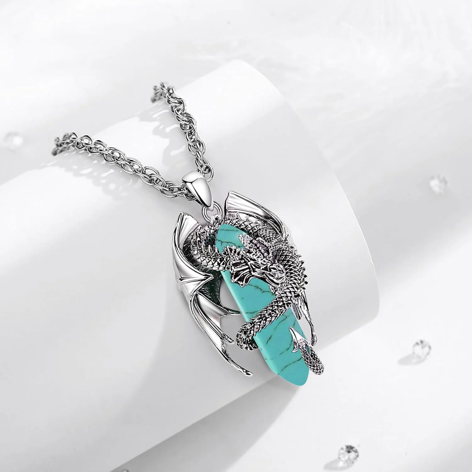 INFUSEU Dragon Necklaces with Healing Crystal Stone for Men Women, Unique Personalized Spiritual Gifts, 22 2 Inch Chain