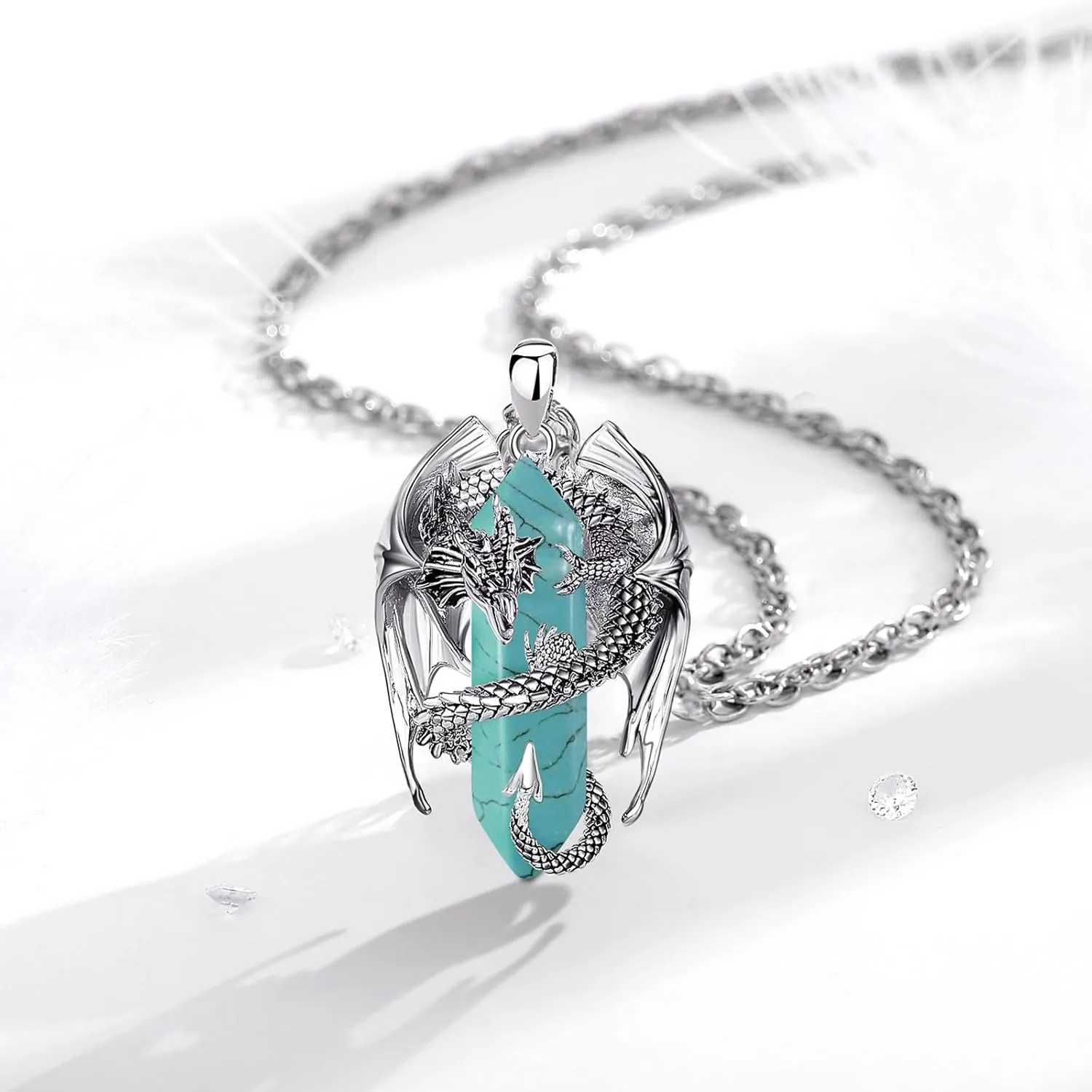 INFUSEU Dragon Necklaces with Healing Crystal Stone for Men Women, Unique Personalized Spiritual Gifts, 22 2 Inch Chain