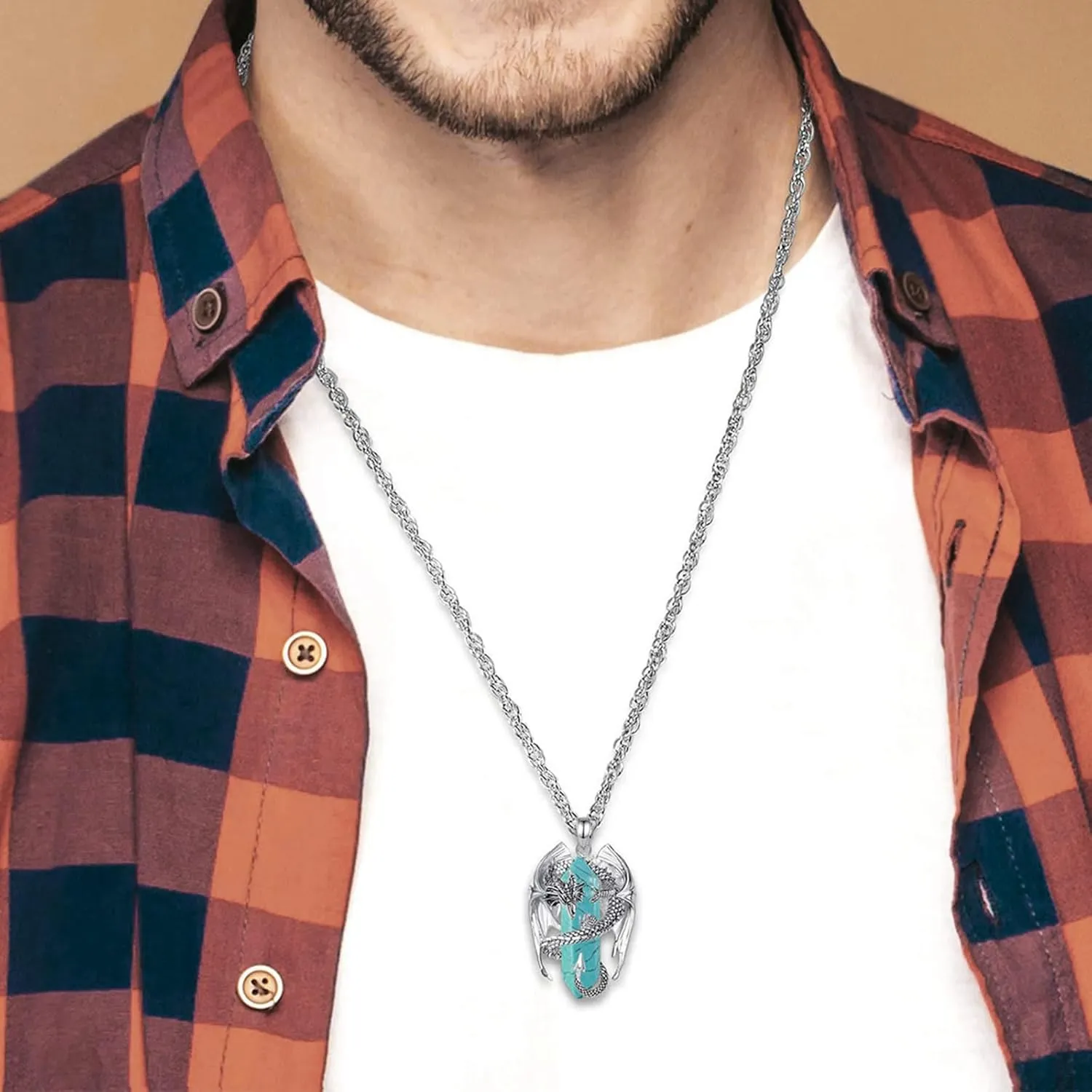 INFUSEU Dragon Necklaces with Healing Crystal Stone for Men Women, Unique Personalized Spiritual Gifts, 22 2 Inch Chain
