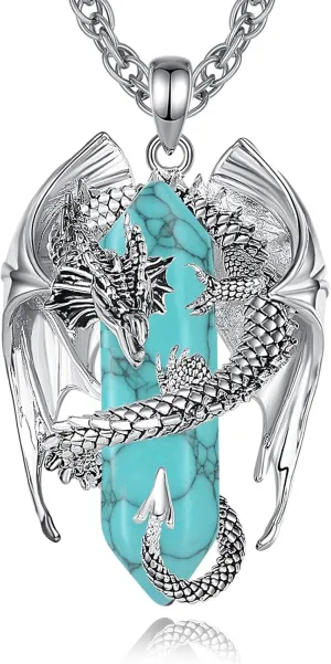 INFUSEU Dragon Necklaces with Healing Crystal Stone for Men Women, Unique Personalized Spiritual Gifts, 22 2 Inch Chain