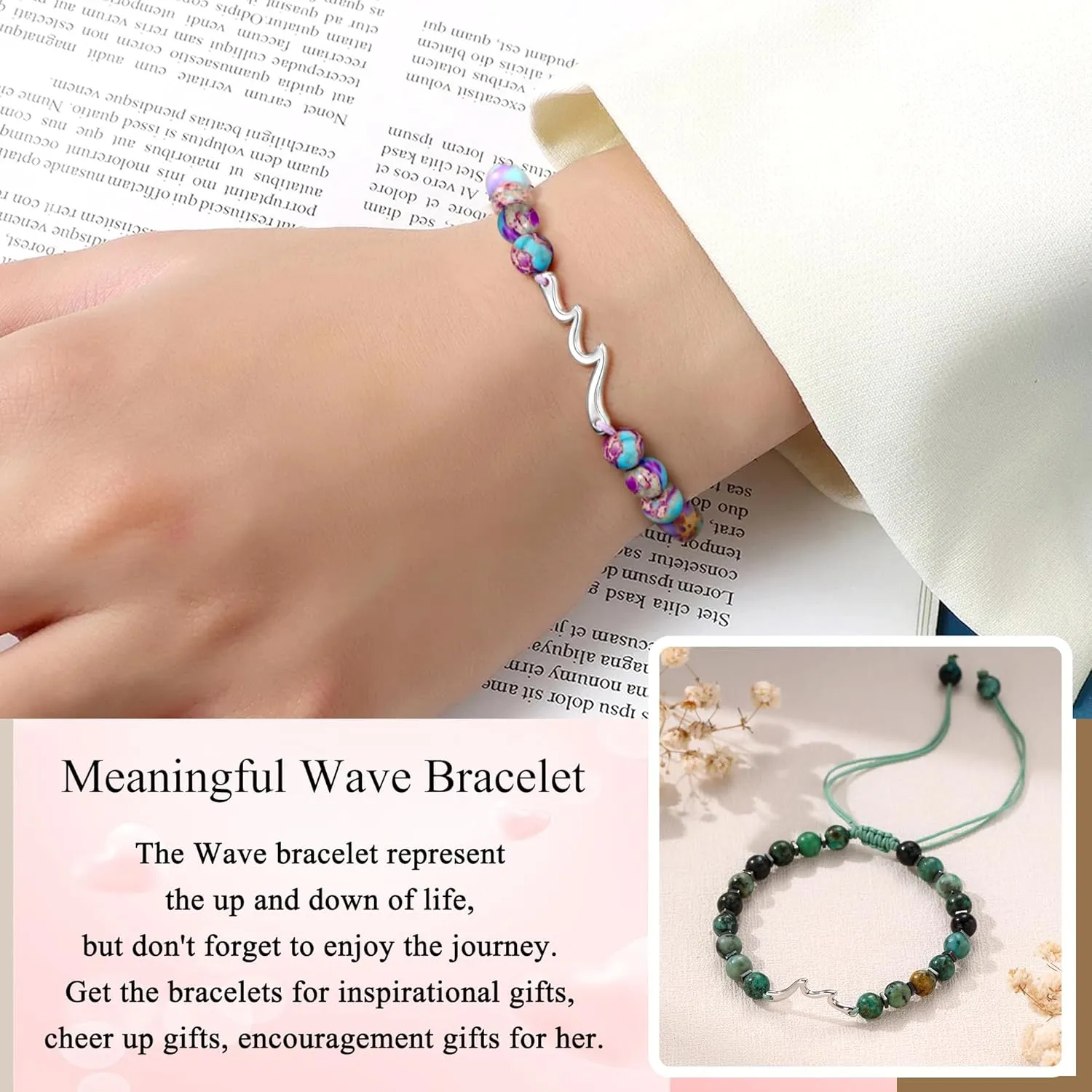 Inspirational Gifts for Women, Wave Bracelet Encouragement Gifts, Natural Stone Beaded Bracelets Life Is Tough Cheer Up Spiritual Thoughtful Get Weel Gifts Birthday Mothers Day Jewelry