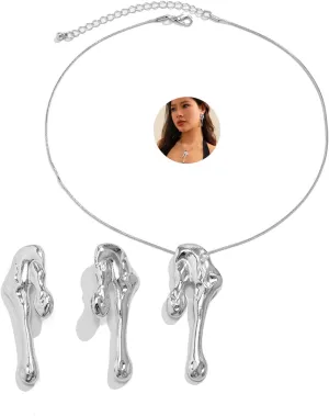 Irregular Gold Statement Earring Necklace Set for Women Chunky Teardrop Dangle Earrings Liquid Metal Thick Geometric Necklaces Dainty Jewelry Gifts