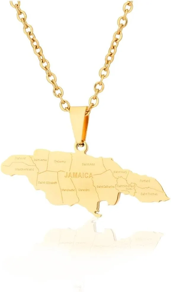 Jamaica Map Necklaces - Stainless Steel Map of Jamaica With City Pendant Jewelry Gift for Men and Women