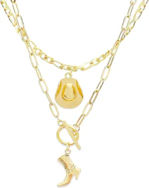 Jean Beau Cowboy Hat Boot Pendant Necklace for Women, 14K Gold Layer Dainty Western Cowgirl Charm Chain Necklaces Jewelry Gift