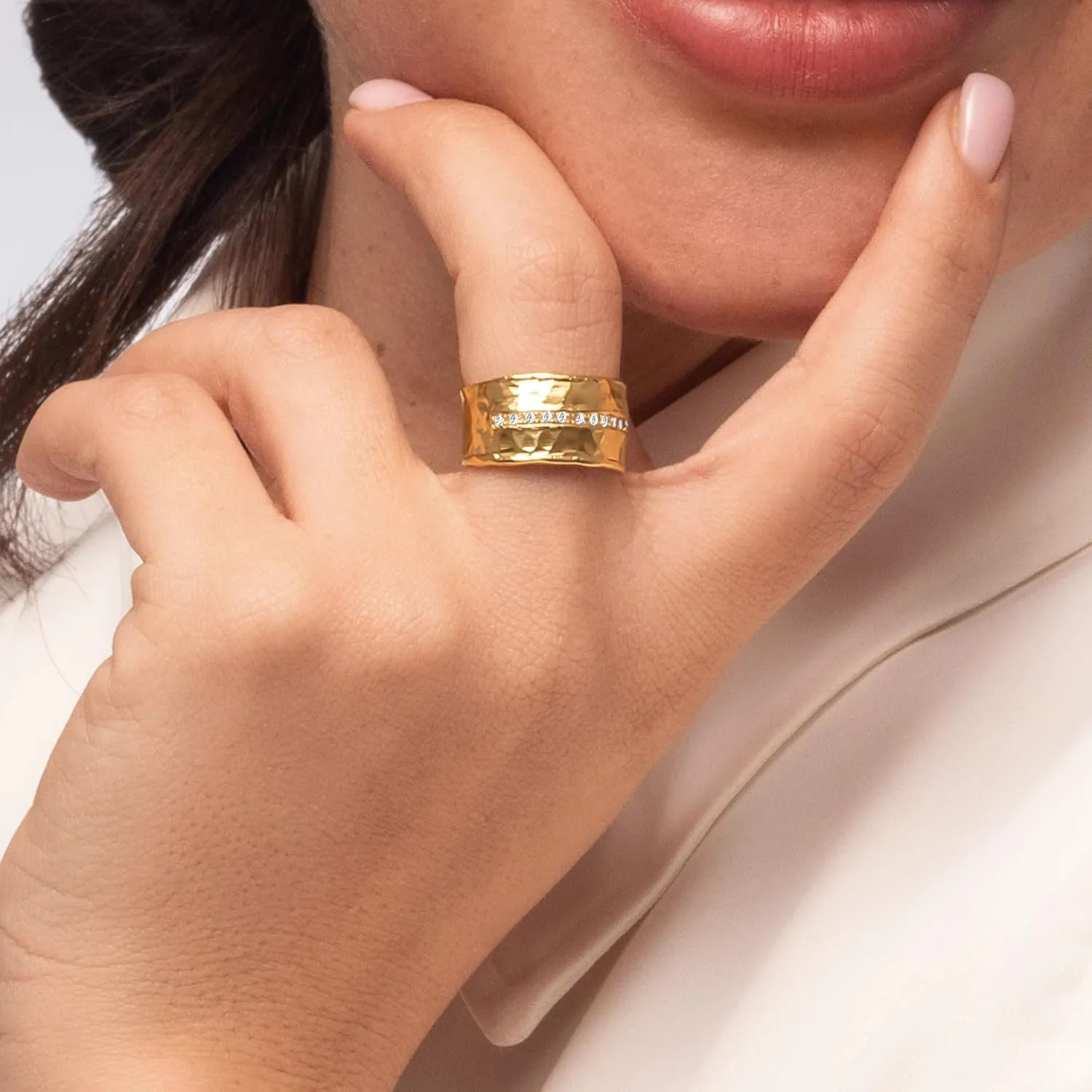 Jean Rachel Jewelry 14K Gold Plated Sterling Silver Ring with 0.13 TCW Cubic Zirconia - Vintage Design Half Eternity Band Hammered Statement Rings for Women - Hypoallergenic,Lead & Nickel Free Jewelry